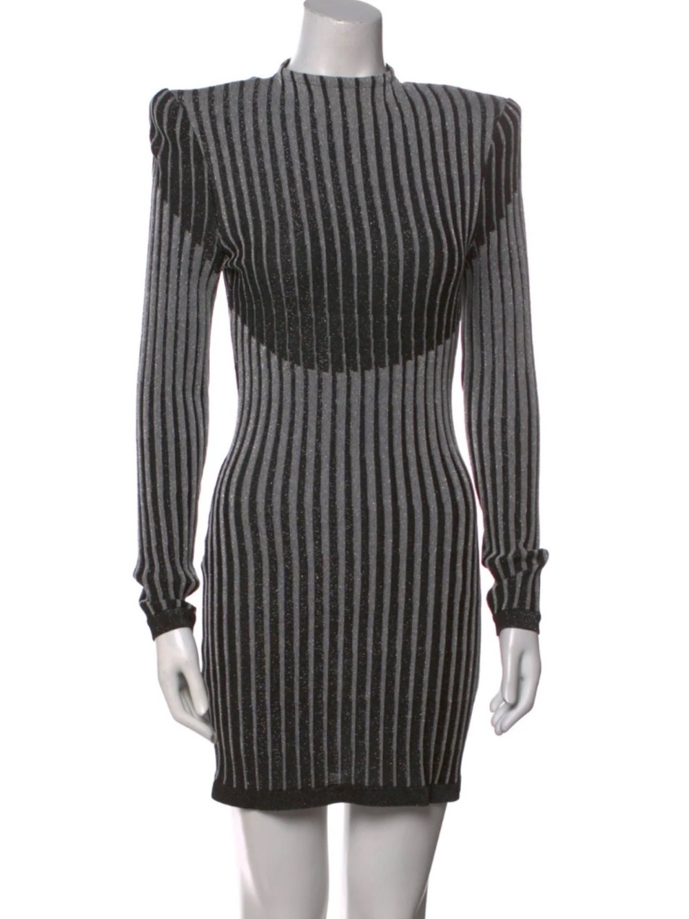 Balmain Black and Gray Striped Ribbed Mini Dress